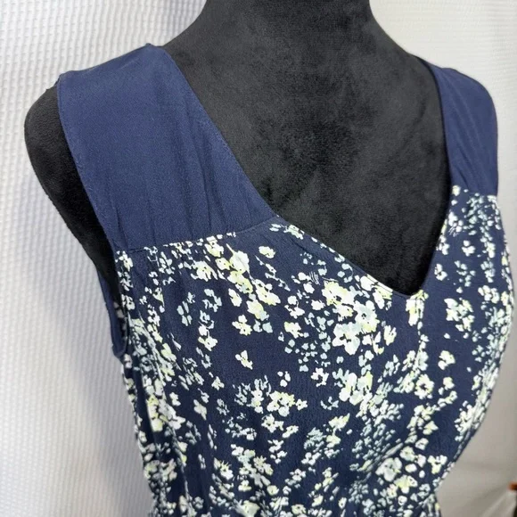 Ann Taylor Loft Floral Navy Dress Belted Sleeveless Small V-Neck - Picture 4 of 13